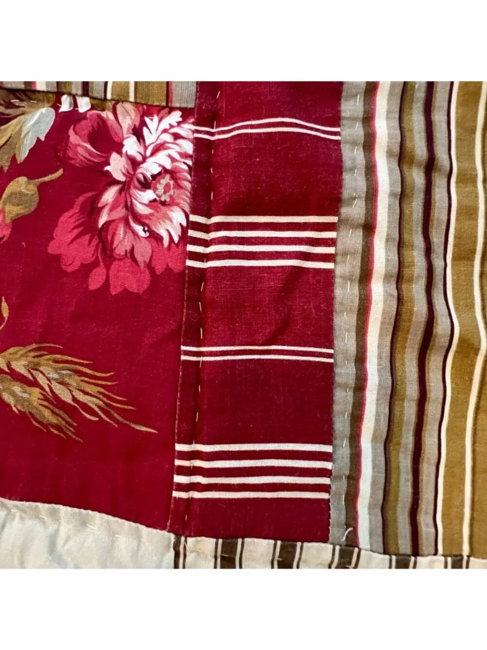 Two Handmade Quilted Patchwork Blankets Stripes Floral RED CRM French Cottage